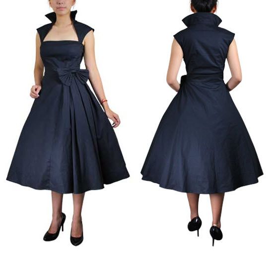 50s Black Retro Pleat Rockabilly Vintage Dress Sz 8 18  