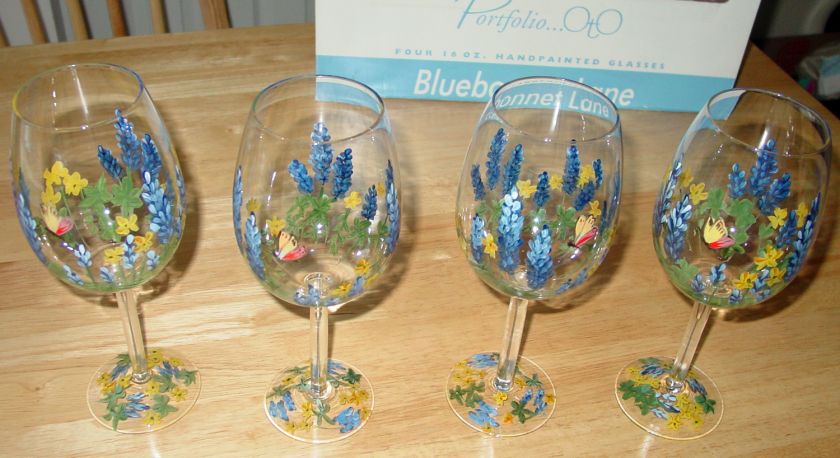 Texas Bluebonnets Hand Painted Collectible Art Wine Glasses   Set of 