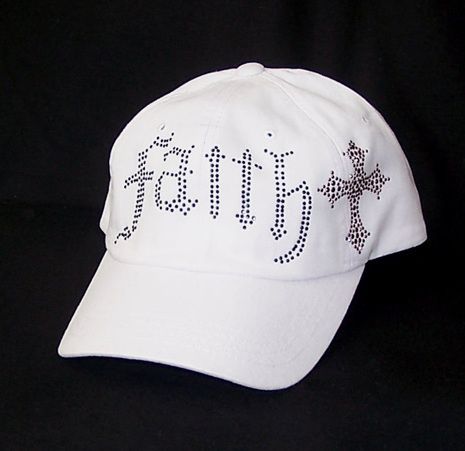 FAITH BLACK RHINESTONE CROSS WHITE BASEBALL HAT CAP  